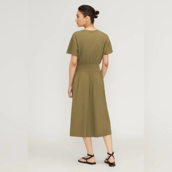 Everlane The Organic Cotton Waisted Dress Olive color Midi , size Small - Picture 4 of 11